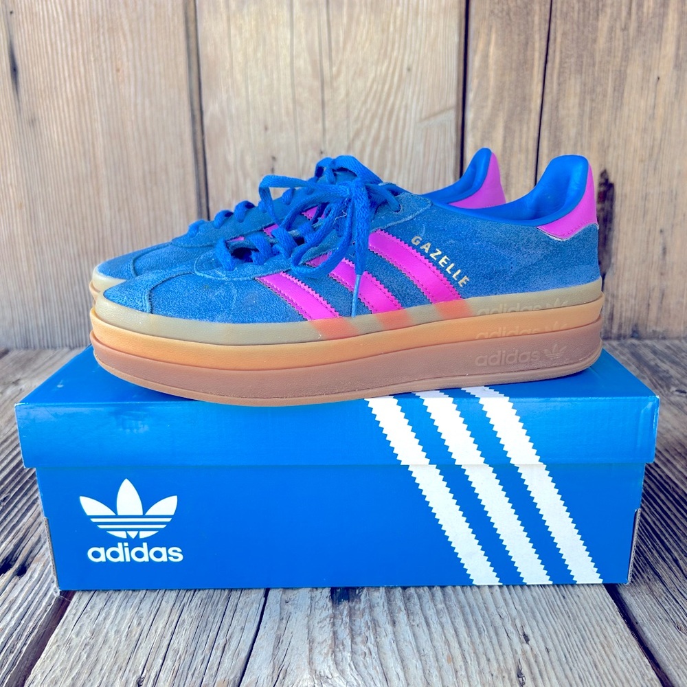 Adidas Women's Gazelle Blue and Pink Platform Sneakers size 8.5